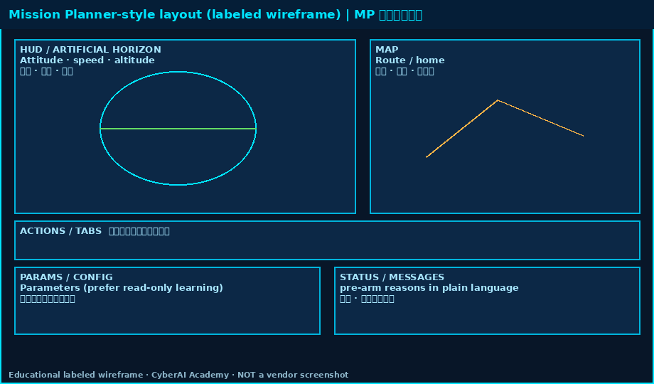 Labeled wireframe of Mission Planner-style GCS layout