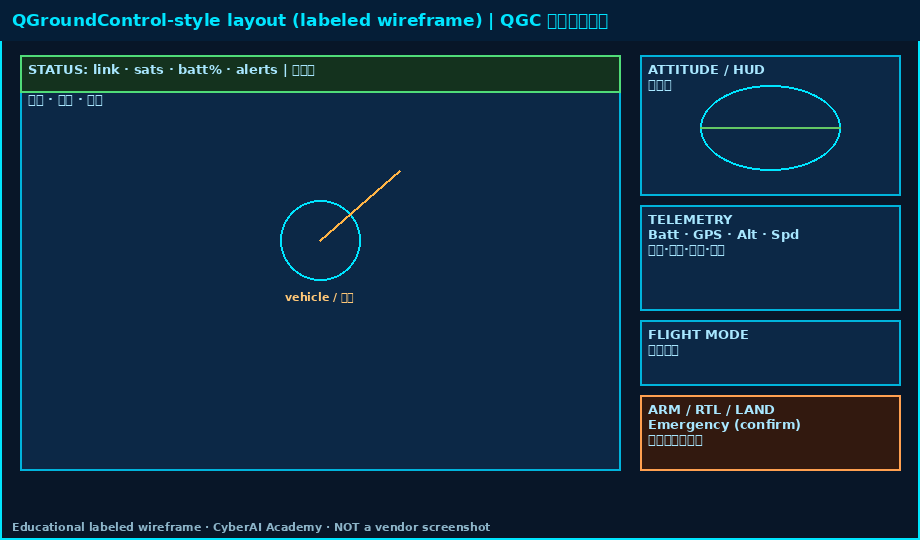 Labeled wireframe of QGroundControl-style GCS layout